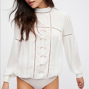 Free People White Long Sleeve High Neck Bodysuit
